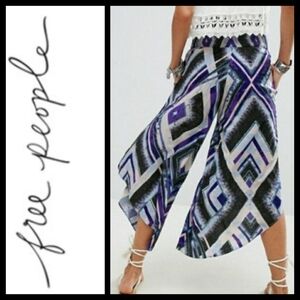 FREE PEOPLE Pants Wide-Leg ASYMETRICAL HEM Smocked Waist Blue White WOMEN Small